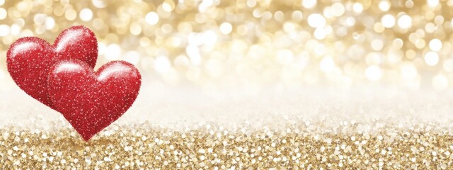 A somewhat out-of-focus Valentine's card decorated with red hearts on a glittery, glistening backdrop