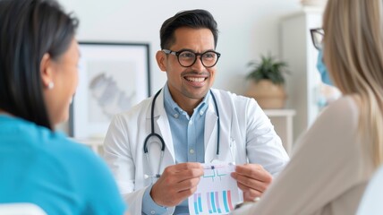 A doctor discusses health information with two patients, providing a friendly and informative atmosphere in a well-lit office.