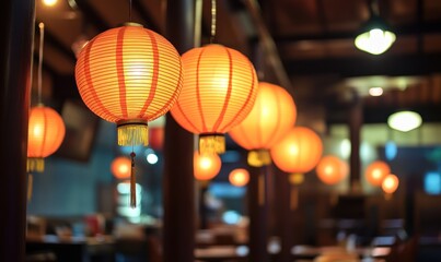 Obraz premium Illuminated orange lanterns hang in Asian restaurant
