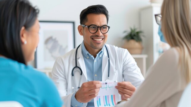 A doctor discusses health information with two patients, providing a friendly and informative atmosphere in a well-lit office.