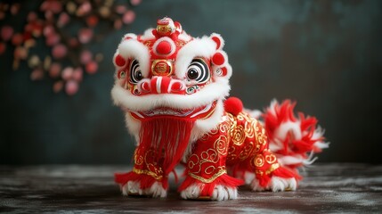 charming lion dance toy with embroidered eyes, fluffy tail, and bold red body, symbolizing joy and prosperity for Chinese New Year.