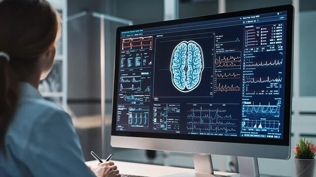 A female doctor is looking at a computer monitor showing a brain scan.