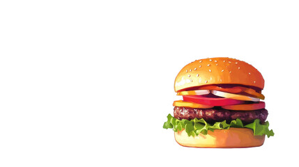 Colorful Illustration of a Delicious Hamburger with Fresh Vegetables, Cheese, and Sauces on a White Background Perfect for Fast Food and Culinary Art Themes
