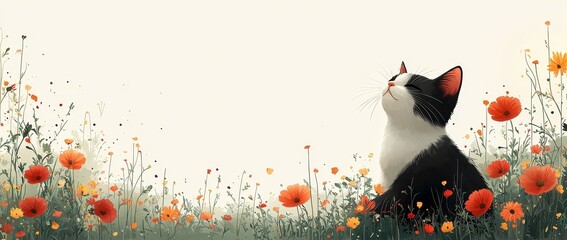 Charming wallpaper featuring a cat engaging with objects such as flowers, rendered in a delightful hand-drawn style