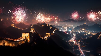 Fototapeta premium Great wall night fireworks festivity
