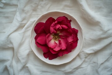A top-down composition of fresh red roses laid out on a white cloth, framed by clear空白 space