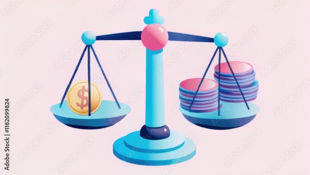 Poster a colorful graphic depicting a balance scale with a coin on one side and stacked coins on the other,