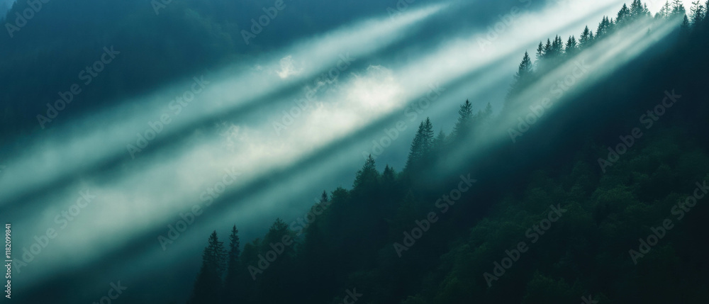 Poster spotlight illuminating misty forest landscape with ethereal rays penetrating fog