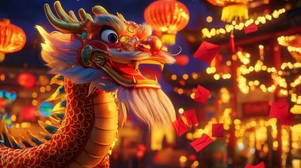 invitation sign for Chinese New Year 2025 featuring colorful lanterns, red envelopes, and a dragon dance motif.