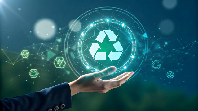 Futuristic Hand Holding Digital Recycling Symbol on Nature Background