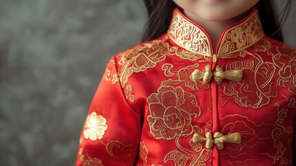 red and gold festive outfit with intricate Chinese knot buttons.