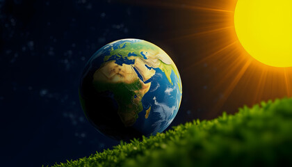Fototapeta premium Illustration of the greenhouse effect with the earth and the sun, the background the slightly blurred night sky, angled photoshot, with white tones