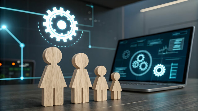 Wooden Figurines Representing Family Structure with Technology Interface - Powered by Adobe