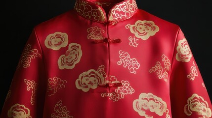 child red cheongsam with playful gold cloud patterns.