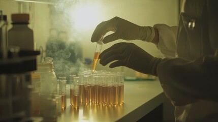 Laboratory technician wearing gloves and handling test tubes filled with medicine with soft focused light modern laboratory background