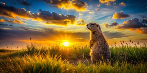 Silhouetted Groundhog Watching Sunset in Tall Grass - Wildlife Photography