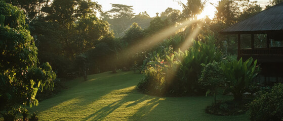 Obraz premium Radiant sun rays shine through trees after refreshing rain in a tranquil landscape