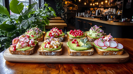 Fototapeta premium Delicious avocado toast topped with colorful ingredients in modern cafe setting, showcasing vibrant flavors and fresh garnishes. Perfect for brunch lovers!