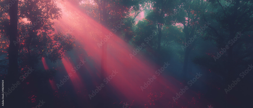 Poster Sun rays filter through forest trees creating a warm, dappled light effect