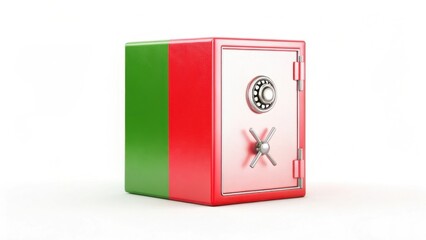 A colorful safe featuring green and red colors, designed for security and protection of valuables.