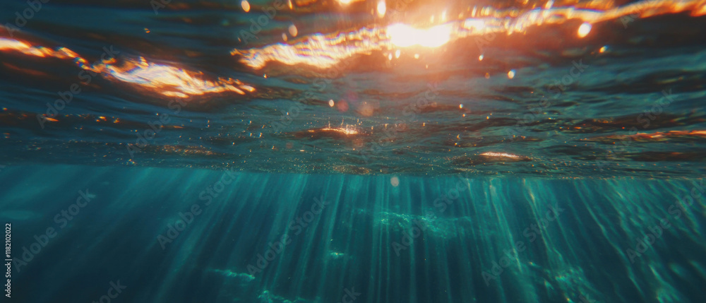 Poster Sun rays create sparkling reflections on the surface of a tranquil water body