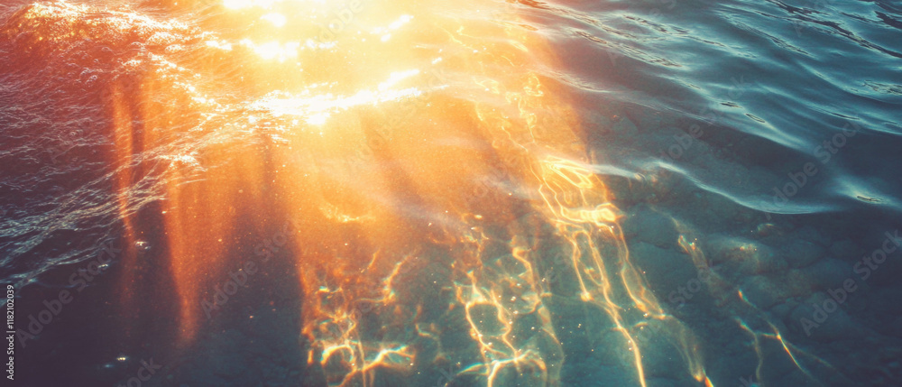 Aufkleber sun rays create sparkling reflections on a tranquil water surface during sunset
