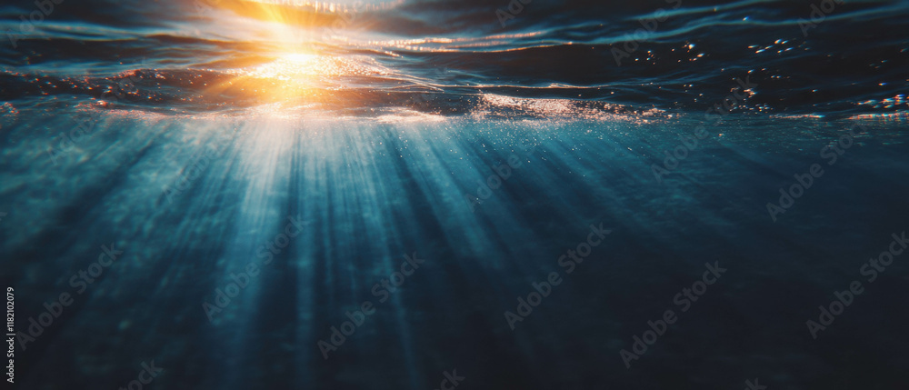 Aufkleber sun rays illuminate calm ocean waters at sunrise creating a serene atmosphere