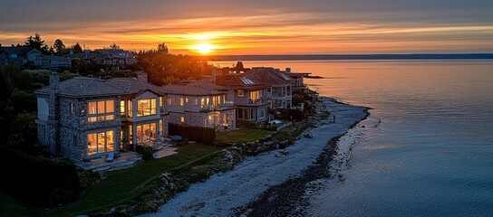 Fototapeta premium Sunset view of luxurious waterfront homes on a rocky beach.