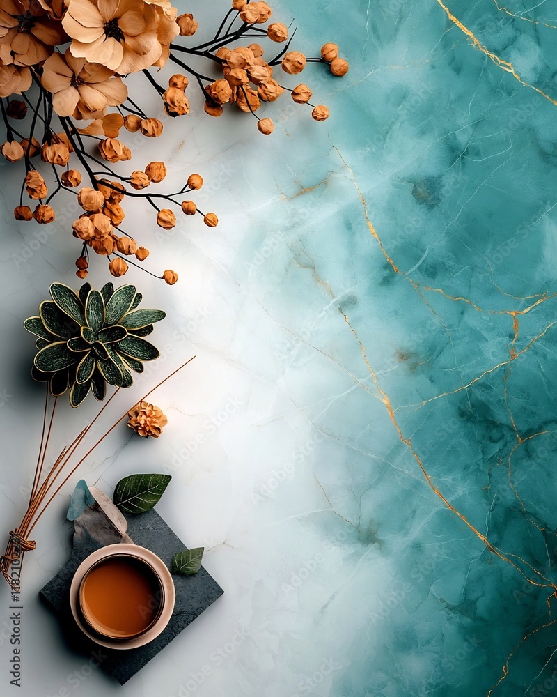 Poster pristine smoky gray and alluring turquoise marble surface with delicate golden veining captured in a