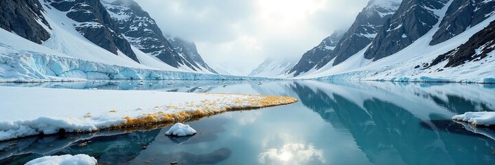 Icy glacial lake with a crust of golden glitter, snow, glacial