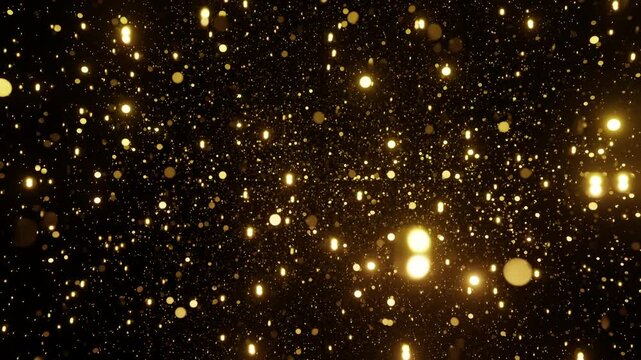 Gold glittering particles randomly move like brownian motion 3d render. Fast moving shining sparkles background or overlay for greeting card. Disco, vj loop, music festival, art deco, flash