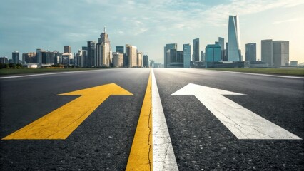 A wide road leads towards a modern city skyline, with arrows indicating direction and a clear sky overhead.