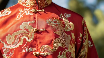Chinese New Year shirt crafted with red and gold silk, featuring embroidered zodiac symbols and intricate floral designs.