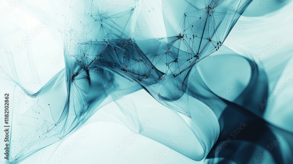 Poster abstract technology-inspired design featuring translucent blue waves and black geometric networks in