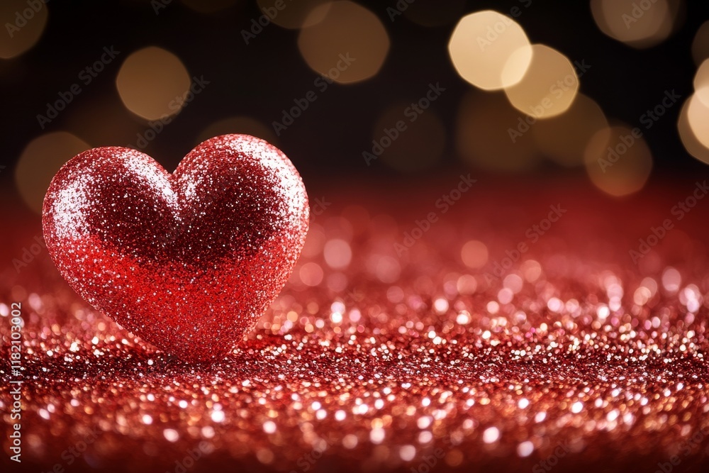 Poster a visually appealing valentine scene with a heart and a sparkling glitter background, designed using