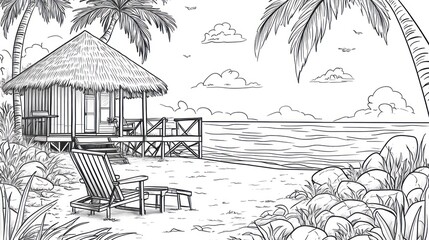 Tropical beach hut, ocean view, relaxation, sketch, travel brochure