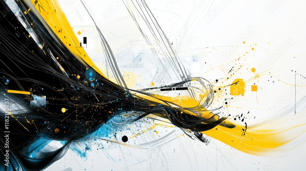 Poster dynamic abstract tech artwork with interconnected lines and geometric symbols white background high 