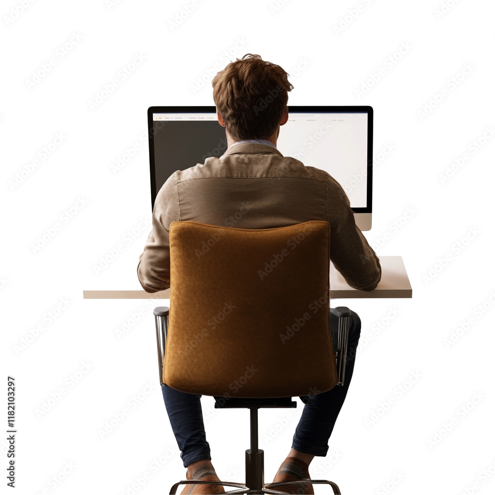 Poster man working at computer, back view