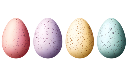 a row of painted eggs with speckles in different colors on a transparent background.png cut out