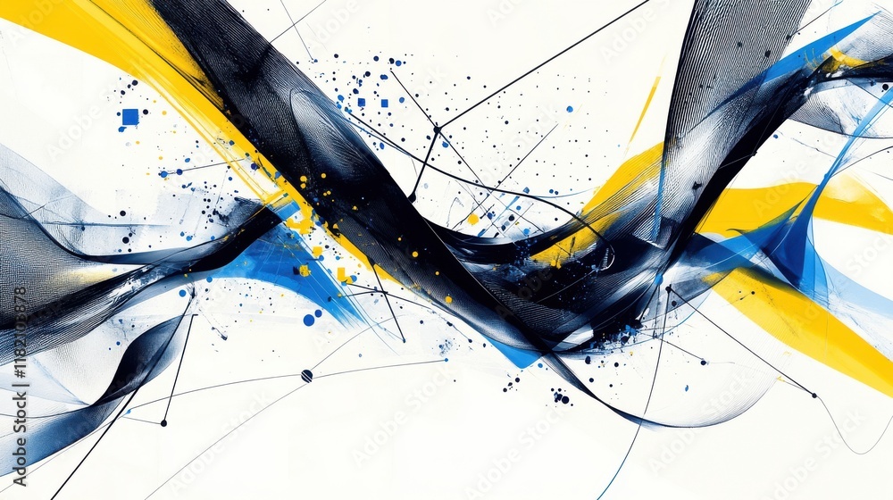 Poster dynamic abstract tech artwork showcasing interconnected lines and geometric symbols