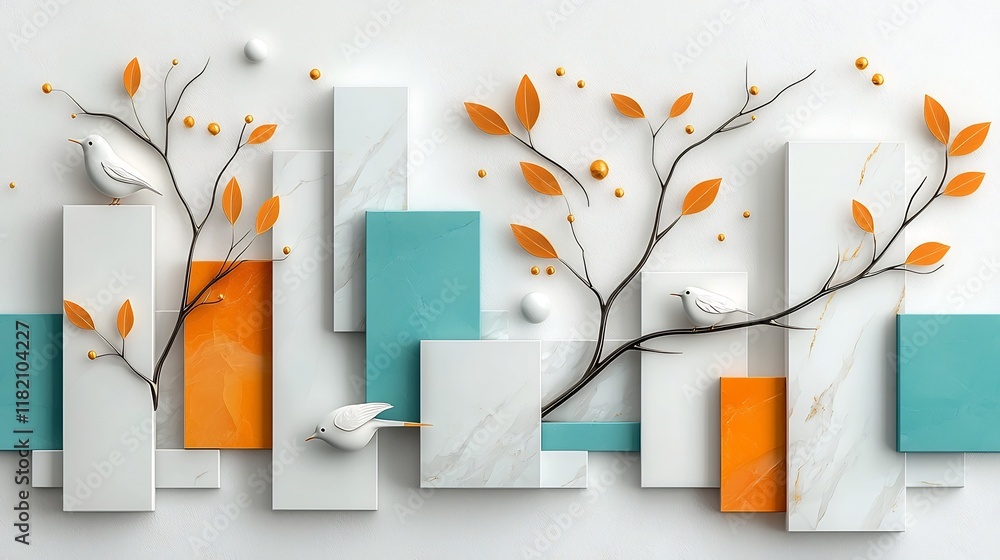 Poster serene and tranquil marble tableau featuring a harmonious arrangement of geometric shapes and organi