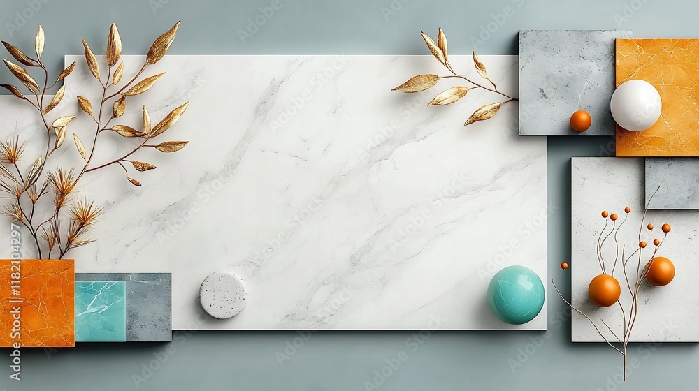 Poster tranquil and serene marble tableau featuring a harmonious arrangement of geometric shapes and organi