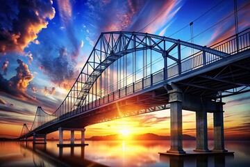 Naklejka premium Silhouette of 3D Model Bridge Project with Blueprint Overlay at Sunset