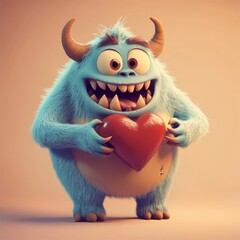 Obraz premium Cute monster with a heart. Heart-holding Valentine's monster. Soft fluffy creature with a heart. Valentine's day card