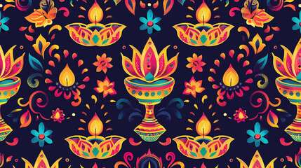 A festive Diwali-themed pattern featuring oil lamps, lotus flowers, and rangoli designs in vibrant colors