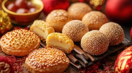 Chinese New Year pastries, including egg tarts and sesame balls, surrounded by festive red and gold decorations