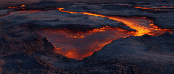 Fototapeta premium Burning gas crater lights up Turkmenistan desert with fiery orange glow at dusk