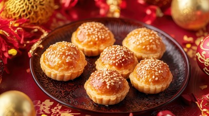 Chinese New Year pastries, including egg tarts and sesame balls, surrounded by festive red and gold decorations