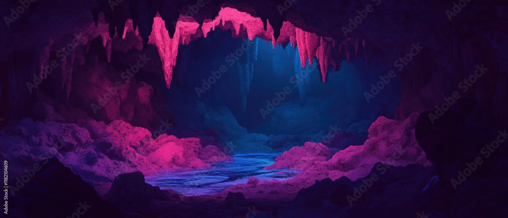 Poster Exploring a hidden underground cave with a mysterious river flowing through
