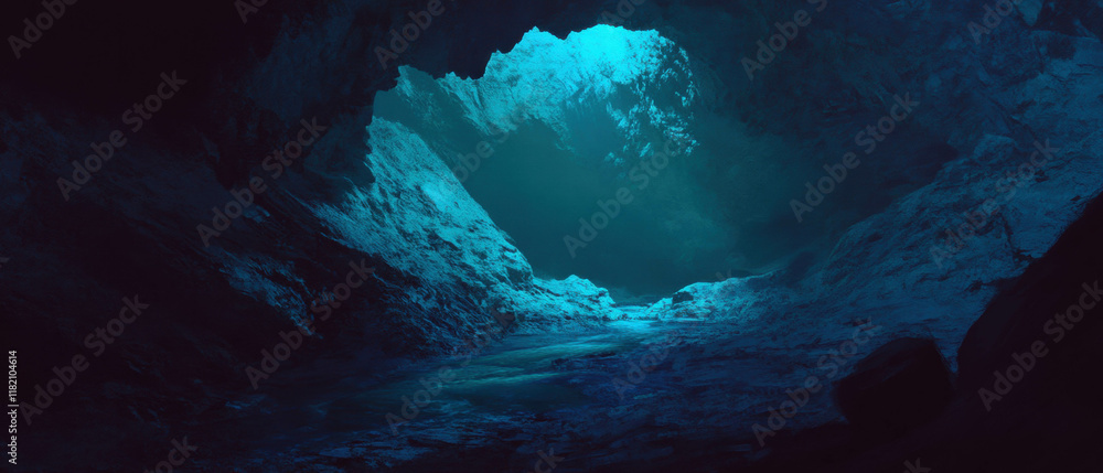 Poster exploring the depths of an underground cave with a mysterious river flowing